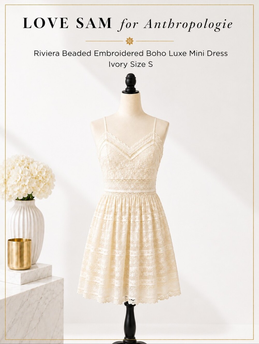 🌾LOVE SAM Anthropologie Ivory Beaded Riviera Embroidered Mini Dress Boho Luxe S